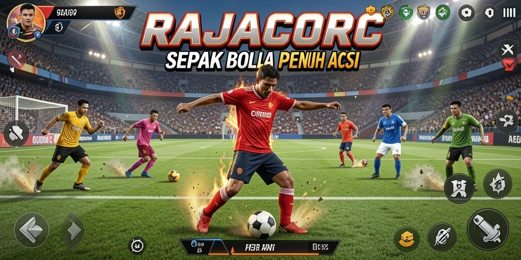 Screenshot utama RAJACORC menampilkan momen seru di lapangan sepak bola.