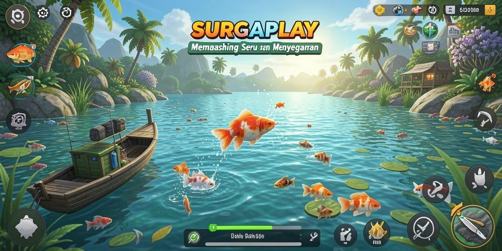 Tampilan gameplay SURGAPLAY dengan pemain yang memancing di danau indah.